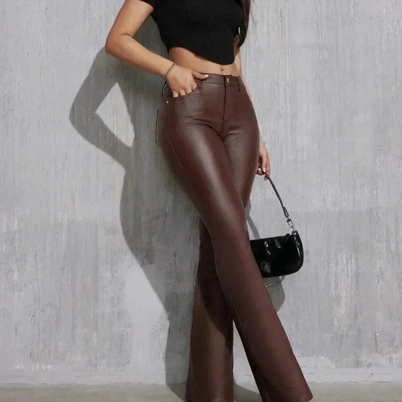 Chocolate Brown Casual Women's Tall Slim Fit Flared Pants - Picture 1 of 6